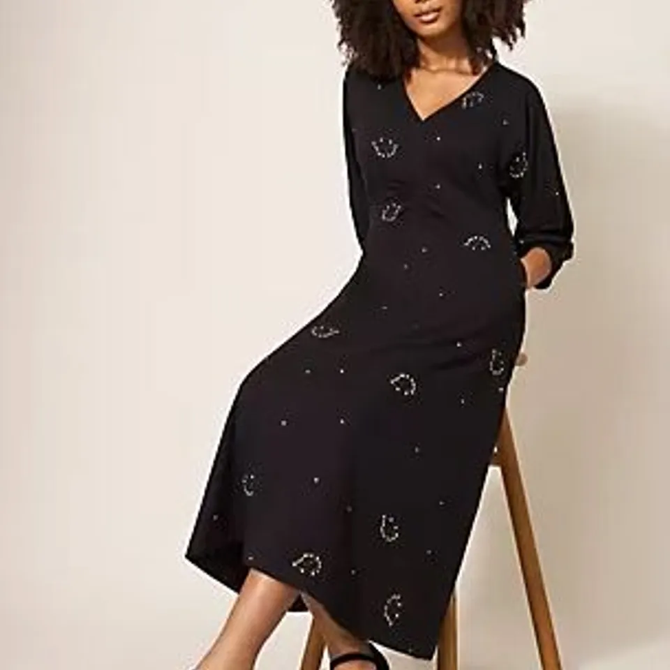 WHITE STUFF MEGAN EMBROIDERED JERSEY DRESS BLACK MULTI SIZE 16