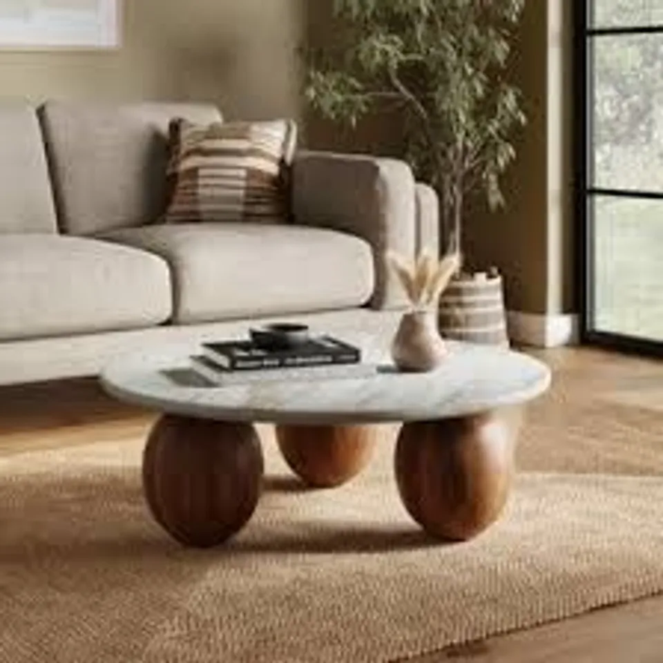 BOXED BUFFIE COFFEE TABLE, MARBLE AND MANGO WOOD - BROWN (2 BOXES)