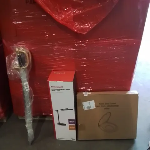 PALLET OF ASSORTED HOUSEHOLD GOODS AND PRODUCTS TO INCLUDE;TOILET SEAT COVER,DESK LAMP,KIDS SWORDS