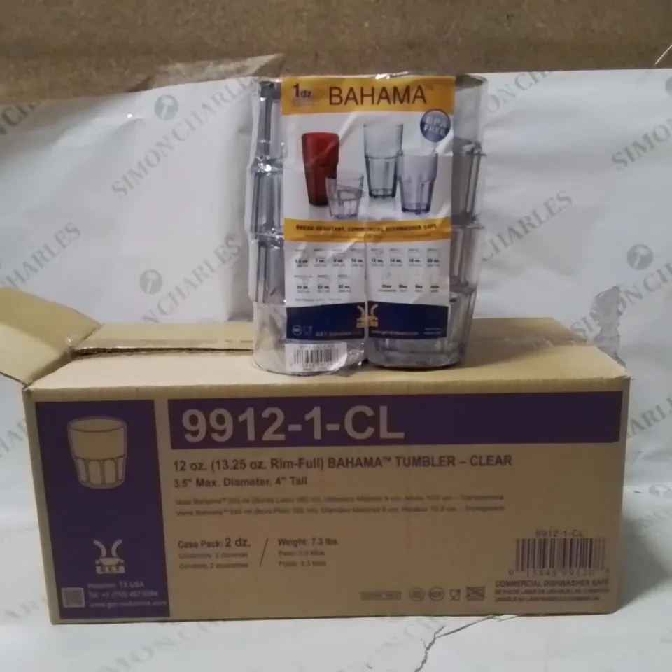 BOXED BAHAMA CLEAR TUMBLERS PLASTIC APPROXIMATELY 32 