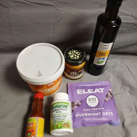 APPROXIMATELY 10 ASSORTED FOOD/DRINK PRODUCTS TO INCLUDE ALMOND BUTTER, OVERNIGHT OATS DARK CHOCOLATE, LINSEED OIL ETC 