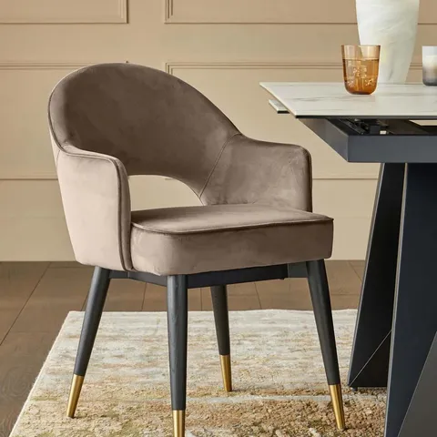 BOXED DANETTI CLOVER CHAMPAGNE VELVET & BRUSHED BRASS DINING ARMCHAIR (1 BOX)