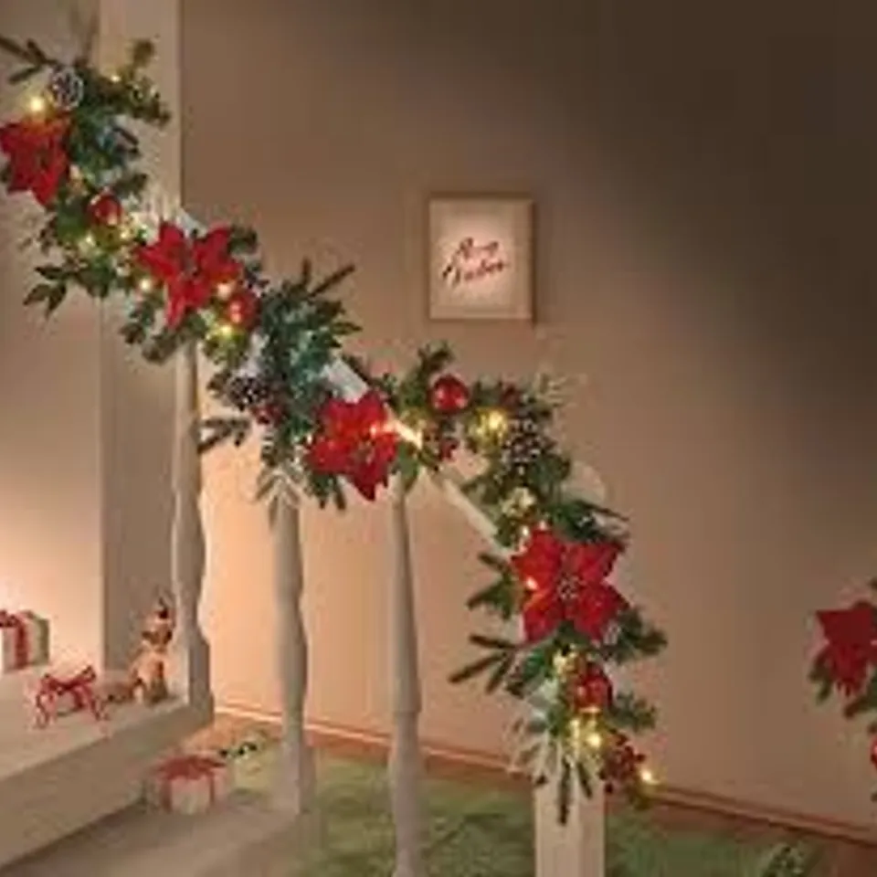 BOXED 270cm LIGHTED FAUX POINSETTIA GARLAND WITH LIGHTS (1 BOX)
