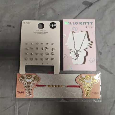 APPROXIMATELY 20 ASSORTED JEWELLERY ITEMS TO INCLUDE HELLO KITTY NECKLACE, EARRING PACK, ETC