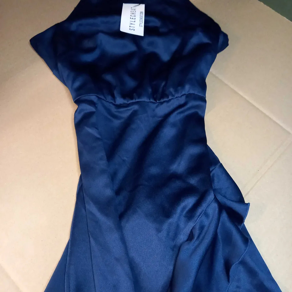 STYLE CHEAT NAVY SATIN HALTER NECK RUFFLE MIDI DRESS - SIZE 10