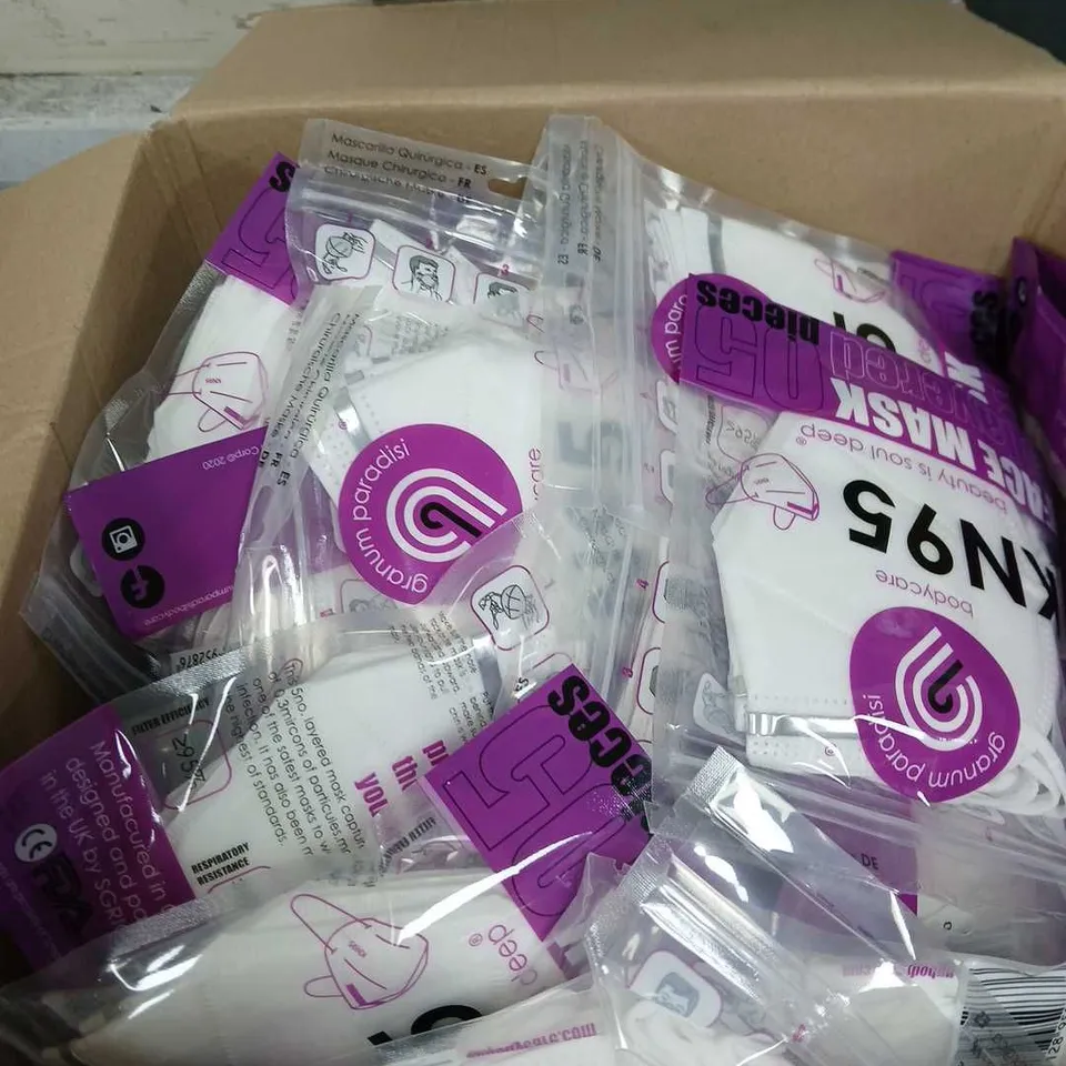 BOX OF APPROXIMATELY 60 PACKS OF FACE MASKS - WHITE