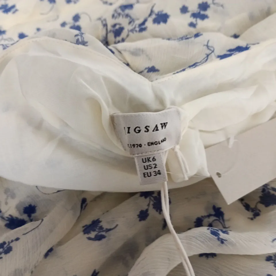 JIGSAW SWIRL POSY MIDI DRESS – CREAM WITH BLUE FLORAL, UK 6 (US 2, EU 34)