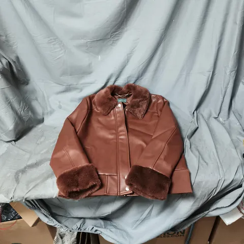 RUTH LANGFORD BROWN FAUX LEATHER JACKET WITH FUR COLLAR – WOMEN'S COAT SIZE 10