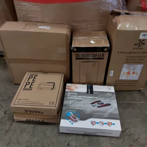 PALLET OF ASSORTED ITEMS INCLUDING: DEHUMIDIFIER, LIGHTED CHRISTMAS DEER, ELECTRIC FOOT MASSAGER, PIZZA OVEN, HANDLED TOILET RISER