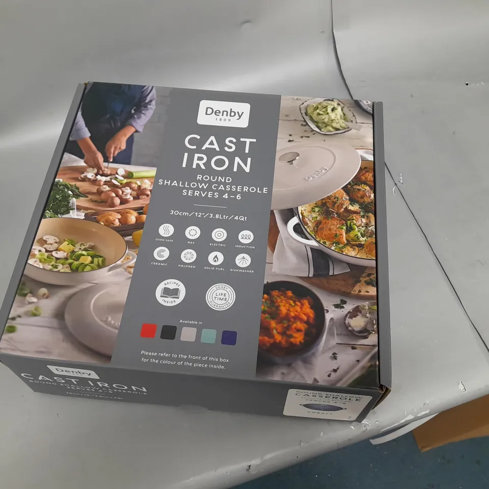 BOXED DENBY CAST IRON ROUND SHALLOW CASSEROLE DISH 30CM 