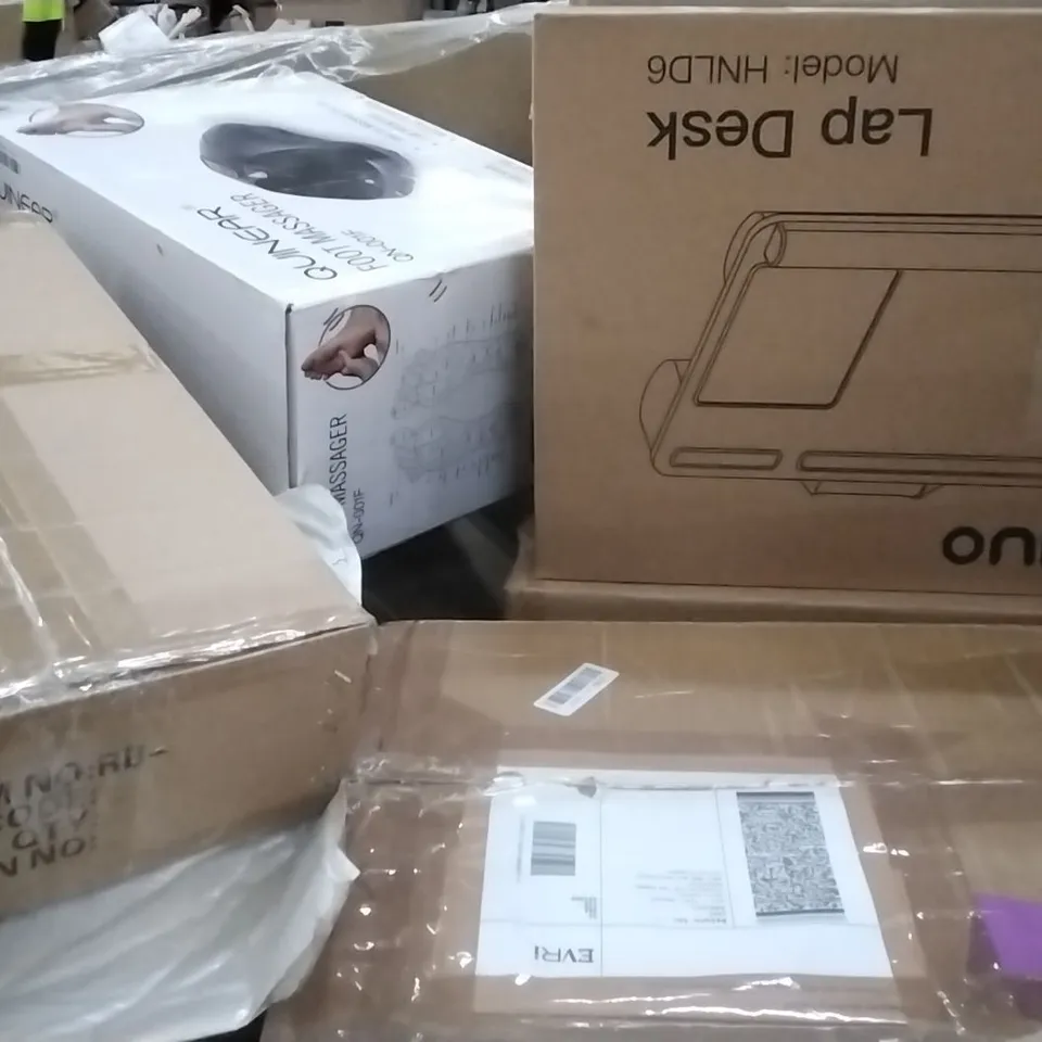 PALLET OF ASSORTED ITEMS INCLUDING LAP DESK, WHITE SEAT CUSHION, FOOT MASSAGER, INFLATABLE FLOAT AND PADDLE, EASEL 
