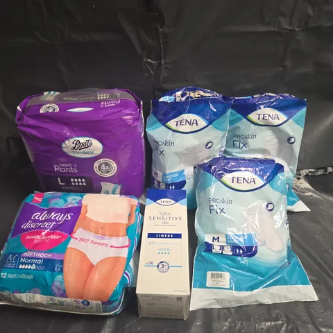 LOT OF 6 VARIOUS INCONTINENCE AND WEAK BLADDER PRODUCTS TO INCLUDE ALWAYS AND TENA