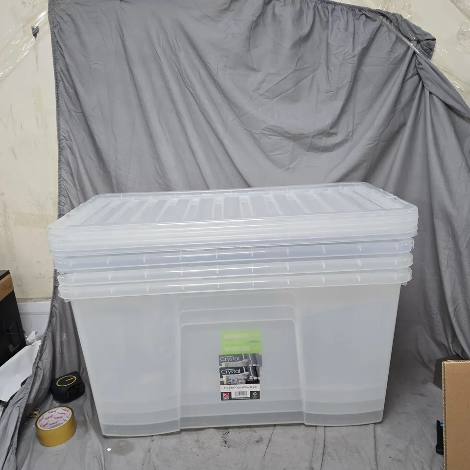 WHAM CRYSTAL 110 LITRE STORAGE BOX & LID – CLEAR, STACKABLE (SET OF 4 BOXES)