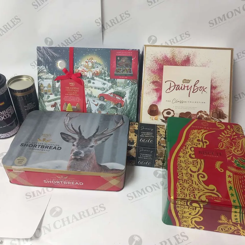 SEVEN ASSORTED FOOD BASED PRODUCTS TO INCLUDE; NESTLE DAIRY BOX, FORTNUM AND MASON CHRISTMAS BISCUIT SELECTION, ALL BUTTER SCOTTISH SHORTBREAD AND LUXURY HOT CHOCOLATE