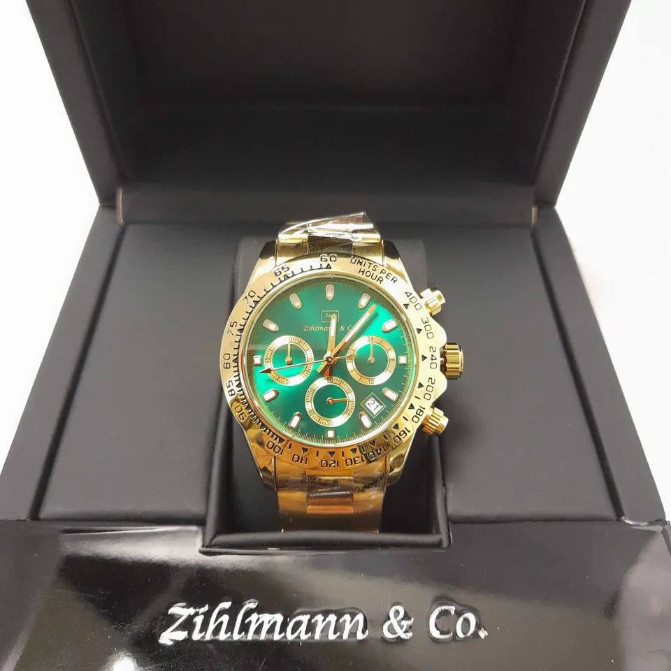 ZIHLMANN & CO GREEN TRIPLE DIAL GOLD EFFECT STRAP WRISTWATCH