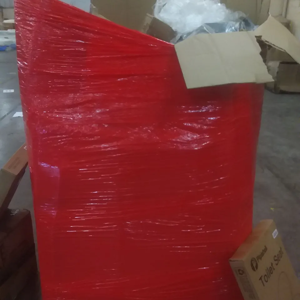 PALLET OF ASSORTED ITEMS INCLUDING TOILET SEAT, BATH TRANSFER BENCH, SINK FAUCET, TOILET RISER