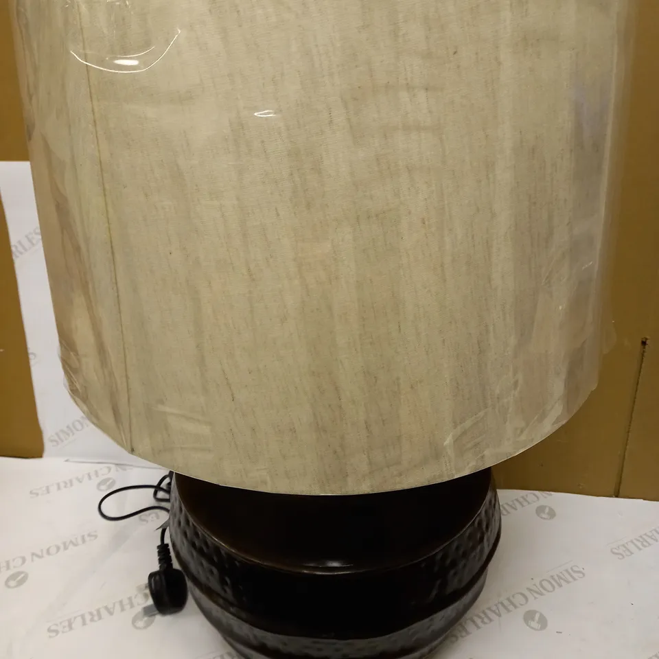 DAR LIGHTING BORYS TABLE LAMP - ANTIQUE COPPER C/W NATURAL LINEN SHADE