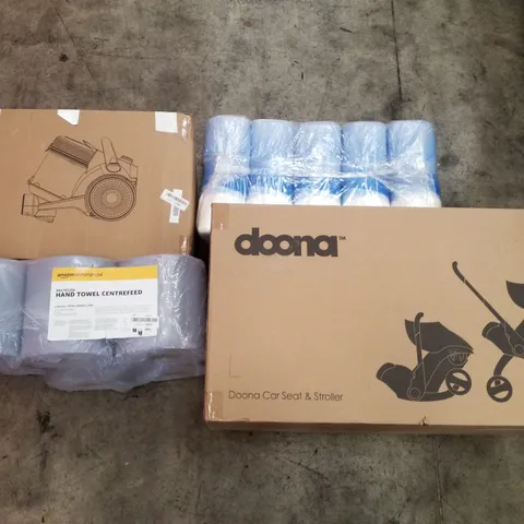 PALLET OF ASSORTED PRODUCTS INCLUDING CAR SEAT & STROLLER, HAND TOWELS, KITCHEN ROLL, VACUUM CLEANER