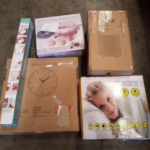 PALLET CONTAINING ASSORTED PRODUCTS INCLUDING HEATED BLANKET, WALL CLOCK, RETRACTABLE SAFETY GATE, KNITTING MACHINE & DEHUMIDIFIER