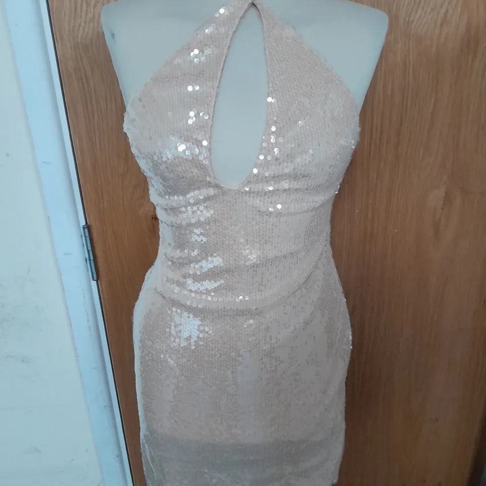 OH POLLY SEQUIN PLUNGE HALTERNECK STYLE FITTED DRESS IN TAN SIZE 10