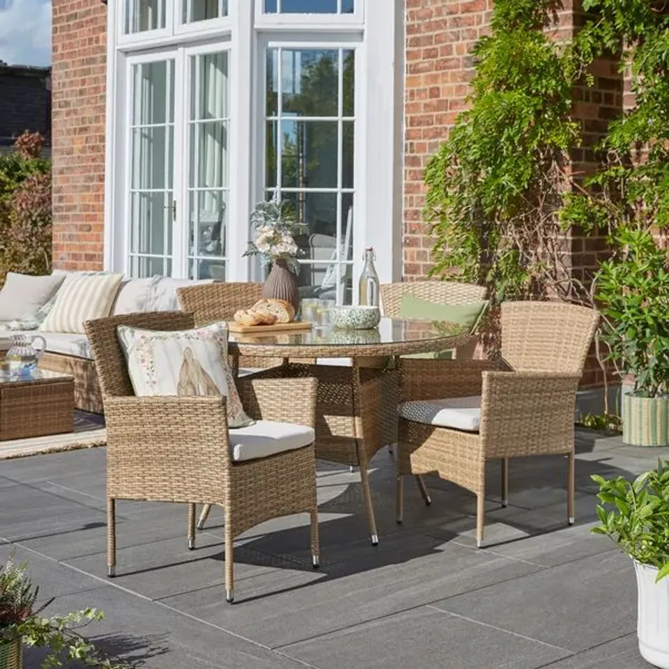 BOXED MALTA ROUND RATTAN EFFECT 4 SEATER DINING SET - NATURAL (2 BOXES)