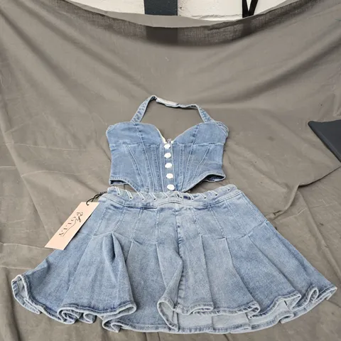 OH POLLY 2PCE HALTERNECK BUTTON UP TOP & MINI SKIRT SET IN BLUE DENIM SIZE 6