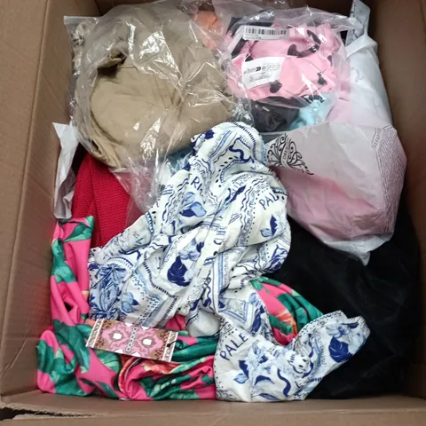 BOX OF APPROXIMATELY 25 ASSORTED CLOTHING ITEMS IN VARIOUS STYLES , COLOURS AND SIZES