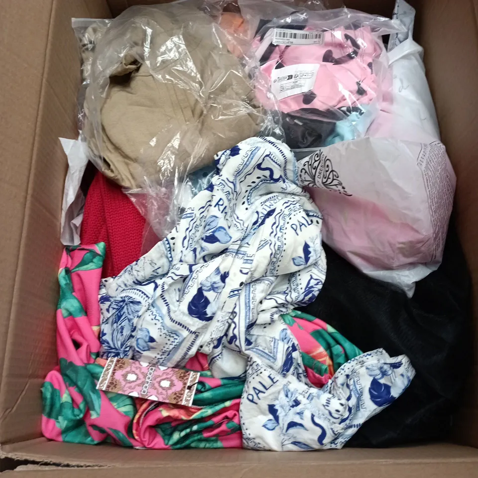 BOX OF APPROXIMATELY 25 ASSORTED CLOTHING ITEMS IN VARIOUS STYLES , COLOURS AND SIZES