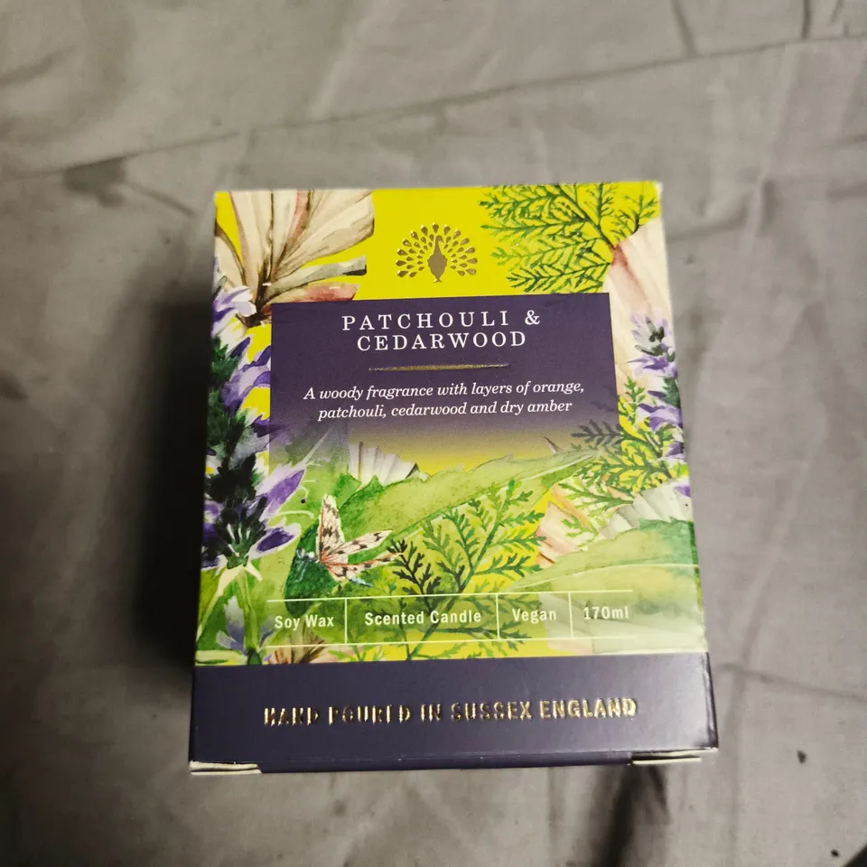 PATCHOULI & CEDARWOOD SOY WAX CANDLE – 170ML- BOXED 