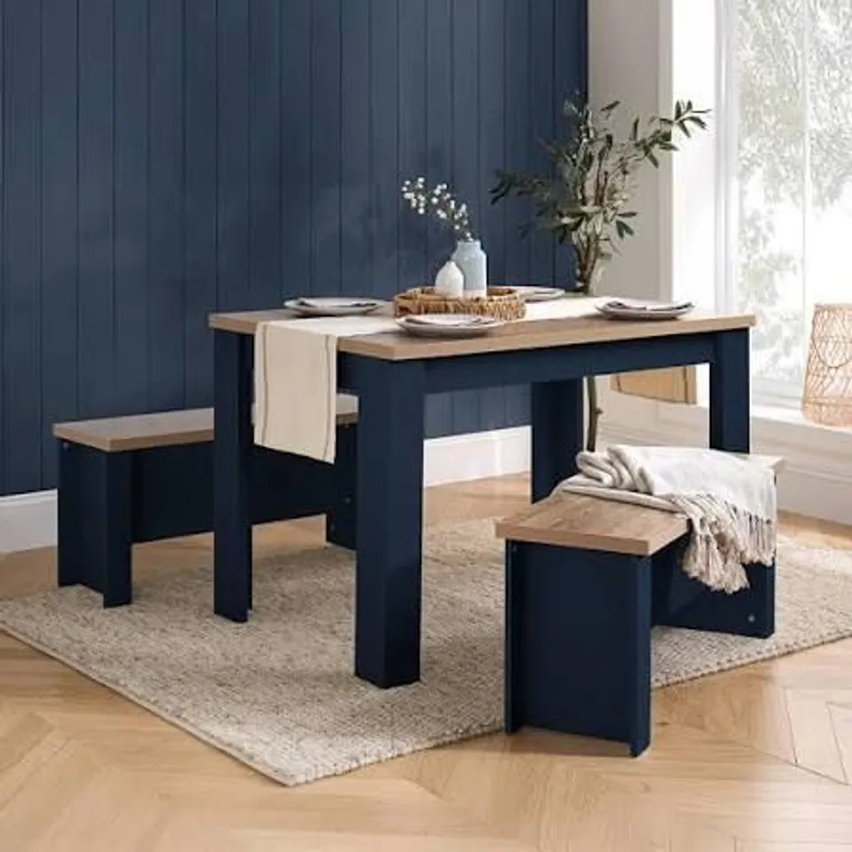 BOXED BIRLEA HIGHGATE DINING TABLE AND BENCH SET - NAVY (2 BOXES)