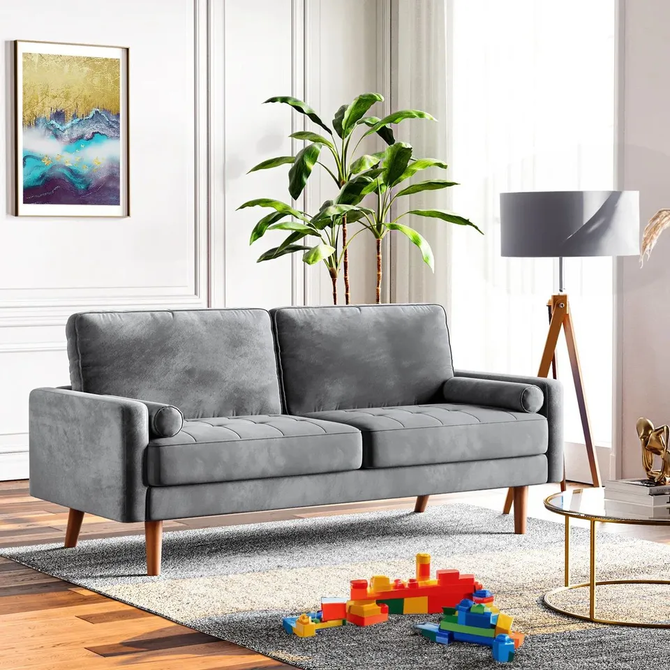 BOXED ENEDELIA 176CM VELVET SQUARE ARM UPHOLSTERED SOFA - GREY (1 BOX)