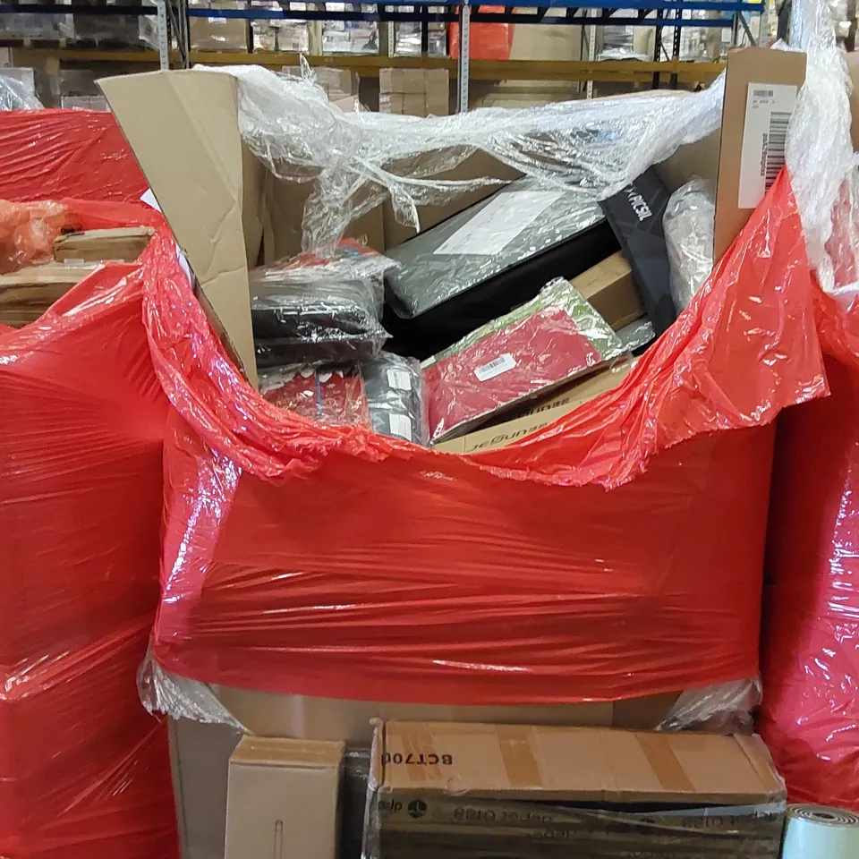 PALLET OF ASSORTED ITEMS INCLUDING: BAR TABLE, TELESCOPE, FLOOR MOP, YOGA MAT, STRENGTH BELT