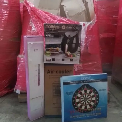 PALLET OF ASSORTED HOUSEHOLD GOODS AND FURNITURE TO INCLUDE; ESJAY MAGNETIC DARTS BOARD, TOWER 4.3L AIR FRYER (ROSE EDITION), LED NAIL DESK LAMP ETC