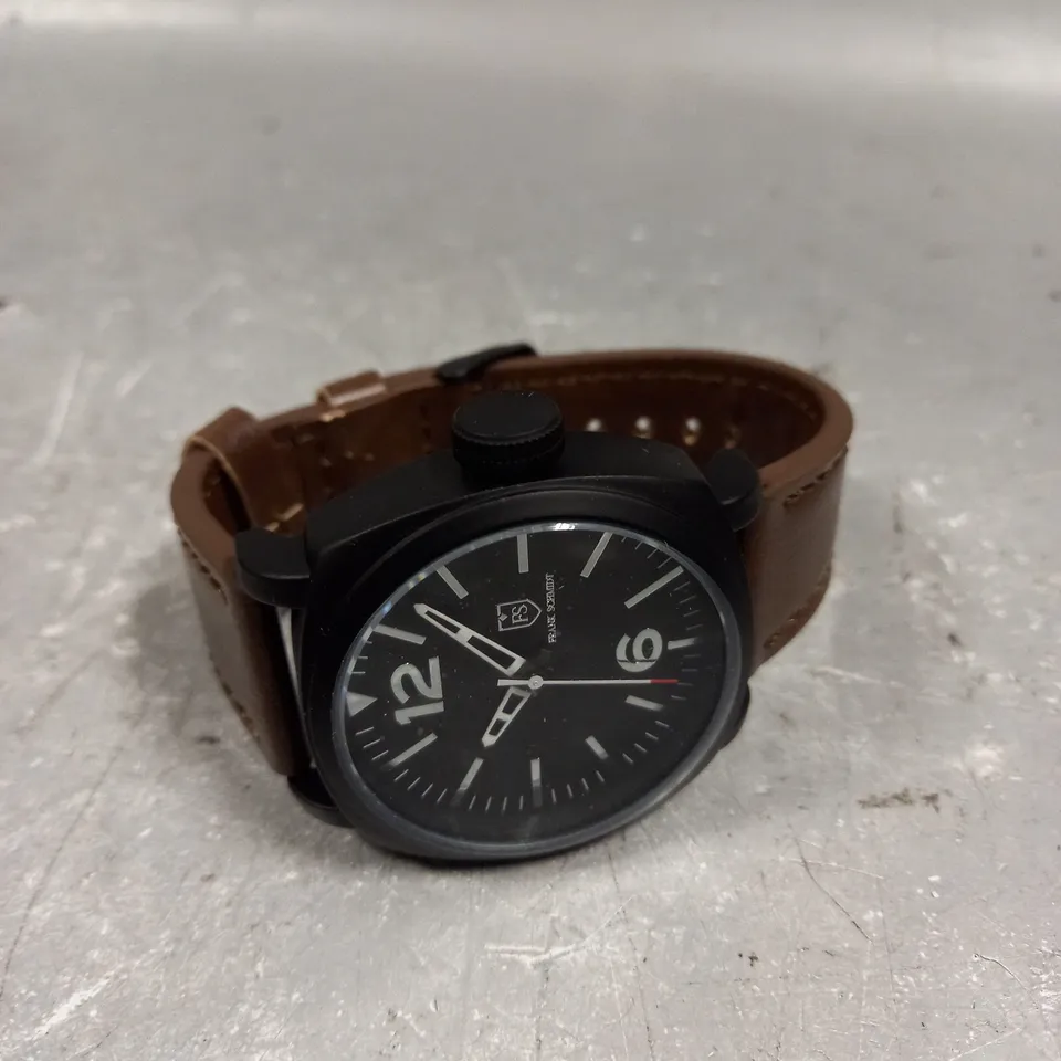 MENS FRANK SCHMIDT WATCH – LARGE BLACK CASE – BLACK PILOT DIAL – BROWN LEATHER STRAP – 3ATM WATER RESISTANT