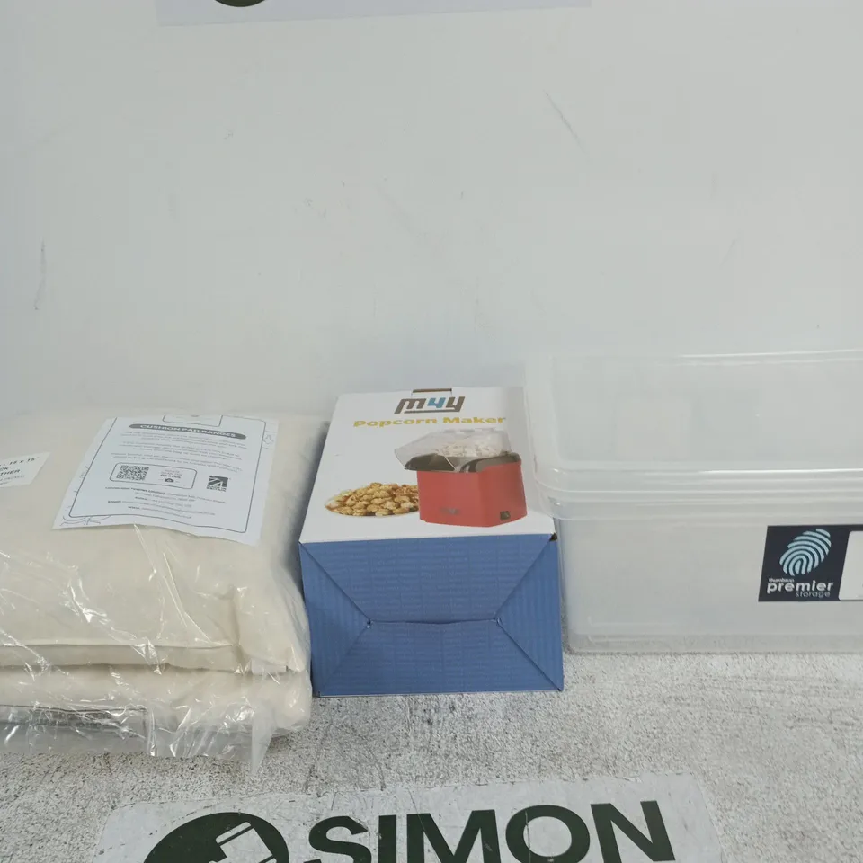 BOX OF APPROXIMATELY 5 ASSORTED ITEMS INCLUDING PILLOWS AND A MYY POPCORN MAKER