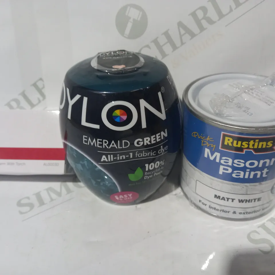 LOT OF APPROXIMATELY 10 ASSORTED HOUSEHOLD ITEMS TO INCLUDE MASONRY PAINT IN WHITE, DYLON ALL IN ONE FABRIC DYE, PANDA PERSONAL ALARM WITH TORCH, ETC