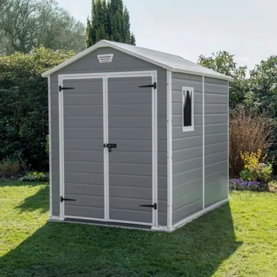 BOXED MANOR 6FT × 8FT PLASTIC APEX GARDEN SHED 