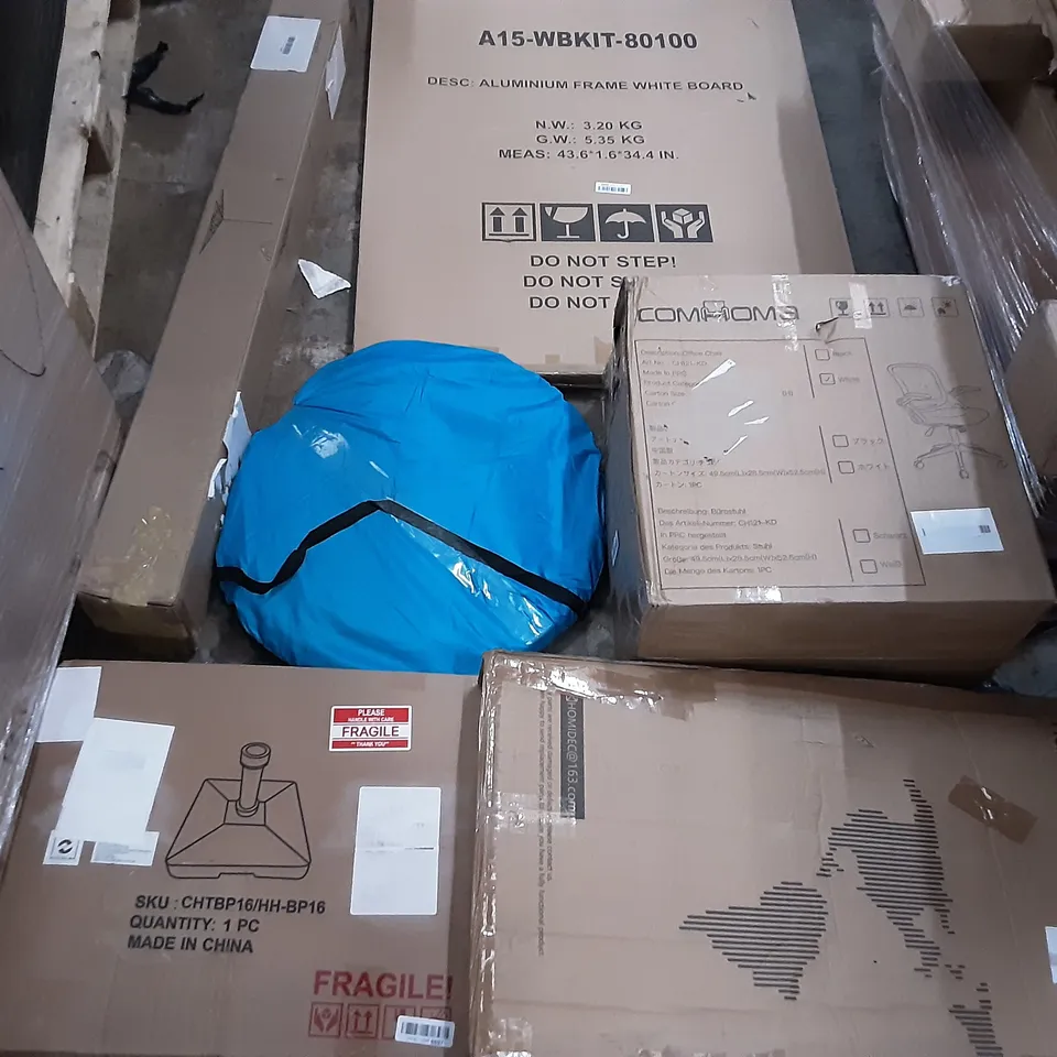 PALLET OF ASSORTED PRODUCTS INCLUDING ALUMINIUM FRAME WHITE BOARD, PARASOL BASE, HOMIDEC, COMHOMA OFFICE CHAIR, DOUBLE LED CEILING LIGHT, ROTARY WASHING LINE