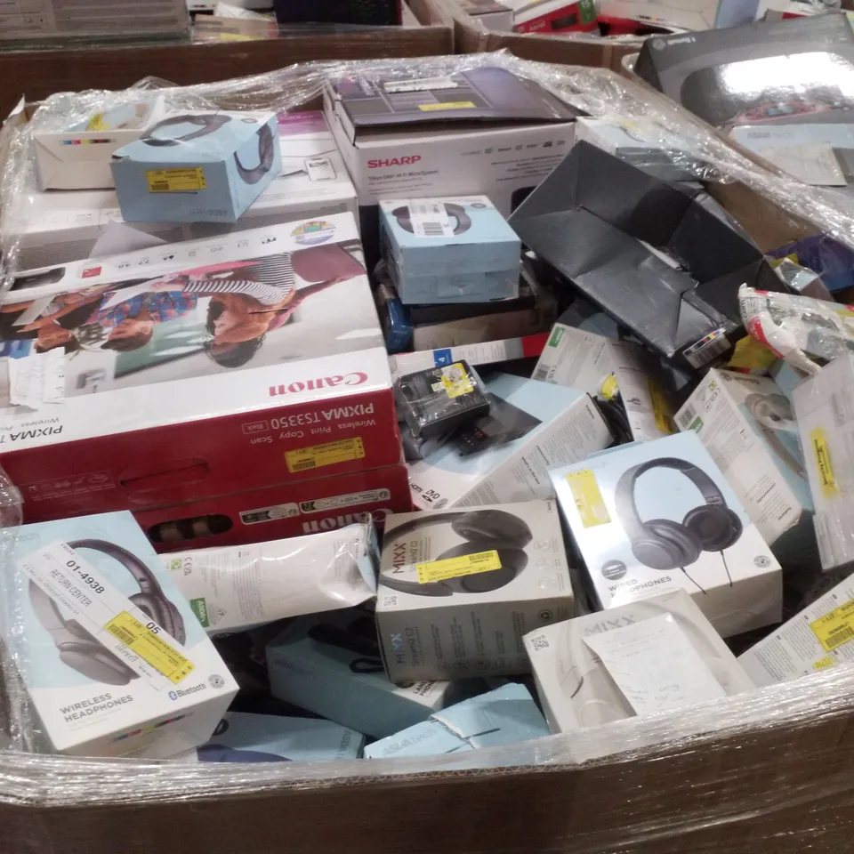 PALLET CONTAINING ASSORTED ELECTRICAL PRODUCTS INCLUDING WIRELESS KEYBOARD AND MOUSE COMBO SETS, WIRELESS HEADPHONES, CANON PIXMA TS3350 PRINTER, HDMI DVD PLAYER & BLUETOOTH CD BOOMBOX 