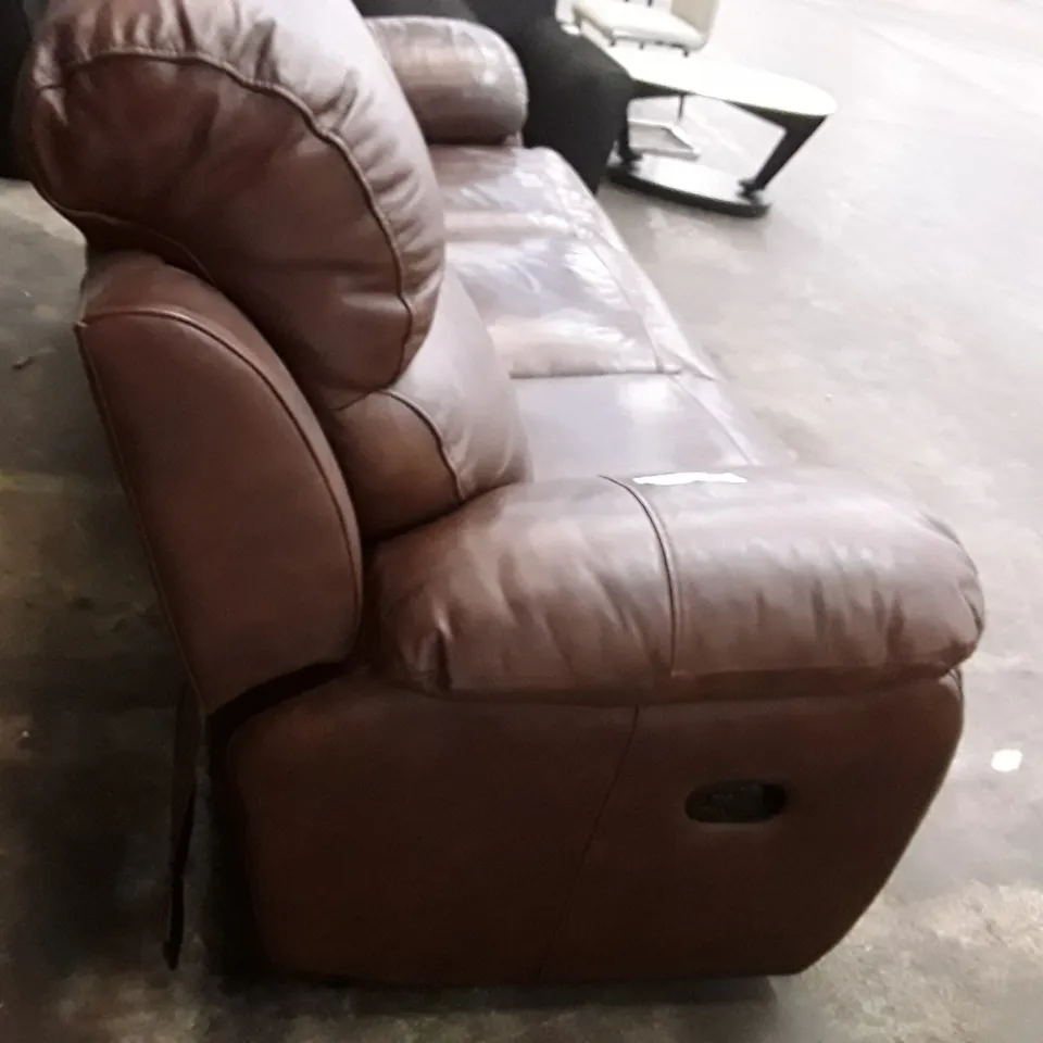 DESIGNER 3 SEATER MANUAL RECLINER SOFA - BROWN LEATHER