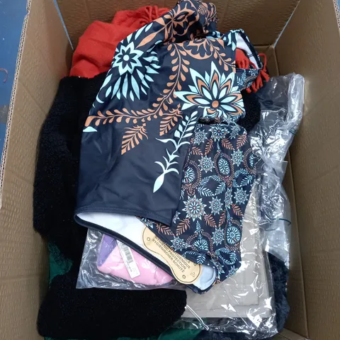 BOX OF ASSORTED CLOTHING ITEMS TOO INCLUDE JUMPERS, SHIRTS AND TROUSERS IN VARIOUS SIZES AND COLOURS   