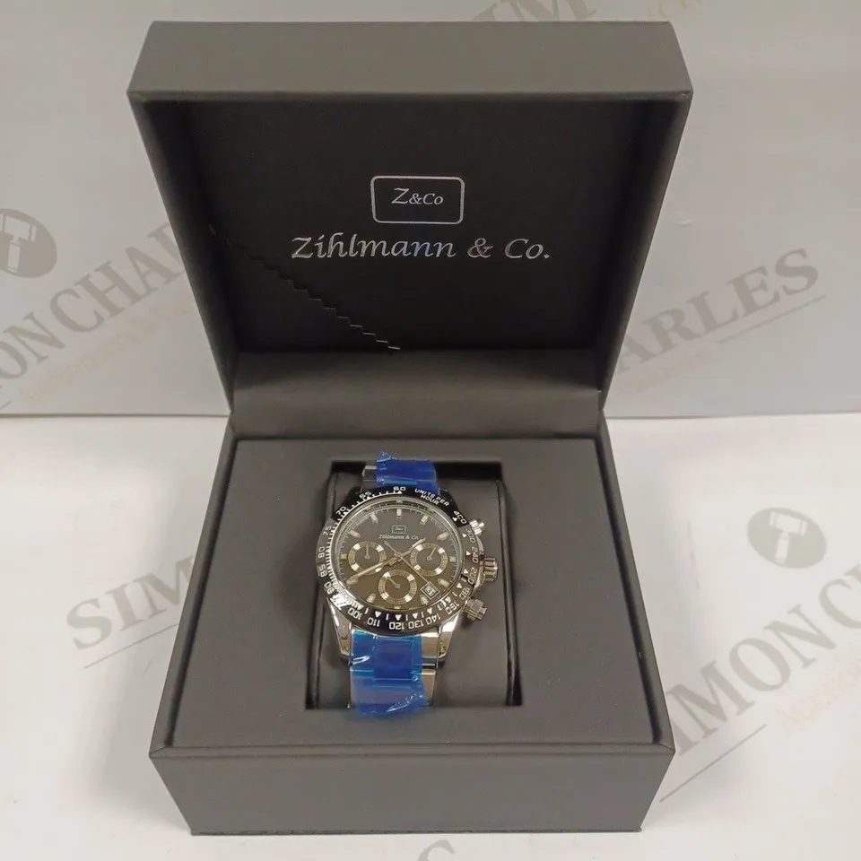 MENS ZIHLMANN & CO Z400 WATCH – CHRONOGRAPH MOVEMENT – SILVER COLOUR STAINLESS STEEL STRAP – BLACK DIAL – 3ATM WATER RESISTANT