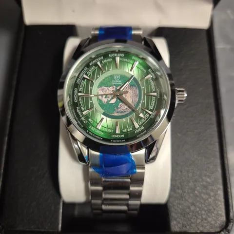 ERNEST FERDINAND STAINLESS STEEL WORLD MAP GREEN DIAL WATCH WITH METAL STRAP IN BOX