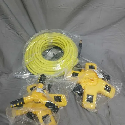 YELLOW GARDEN HOSE WITH SPRAY NOZZLE ATTACHMENTS PLUS SPRINKLER ATTACHMENTS
