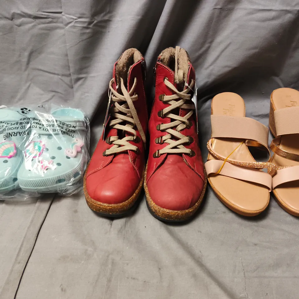 BOX OF APPROXIMATELY 15 ASSORTED PAIRS OF SHOES AND FOOTWEAR ITEMS IN VARIOUS COLOURS, STYLES, AND SIZES - COLLECTION ONLY