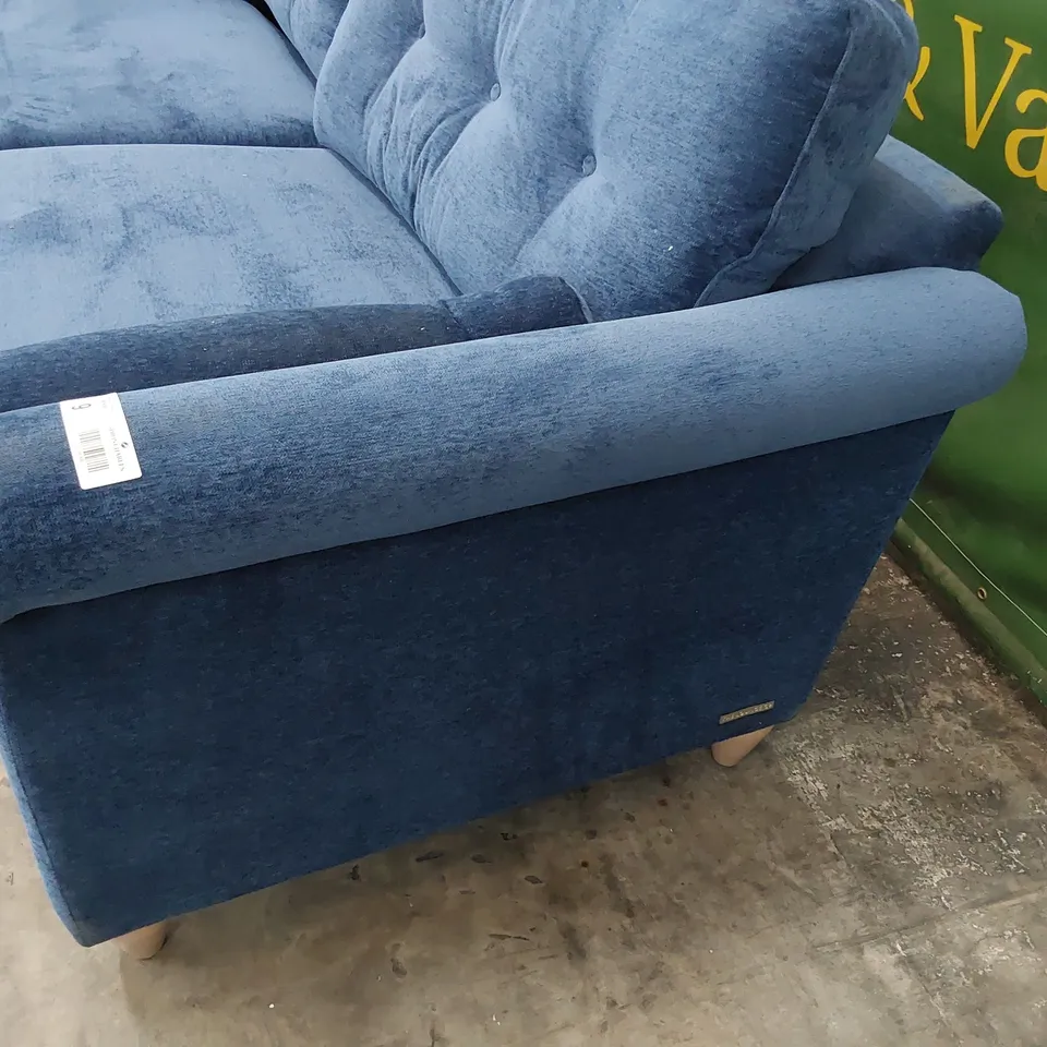 QUALITY BRITISH MADE LOUNGE Co PHOEBE FOUR SEATER SOFA WITH ROLL BOLSTER CUSHIONS BLUE PLUSH 