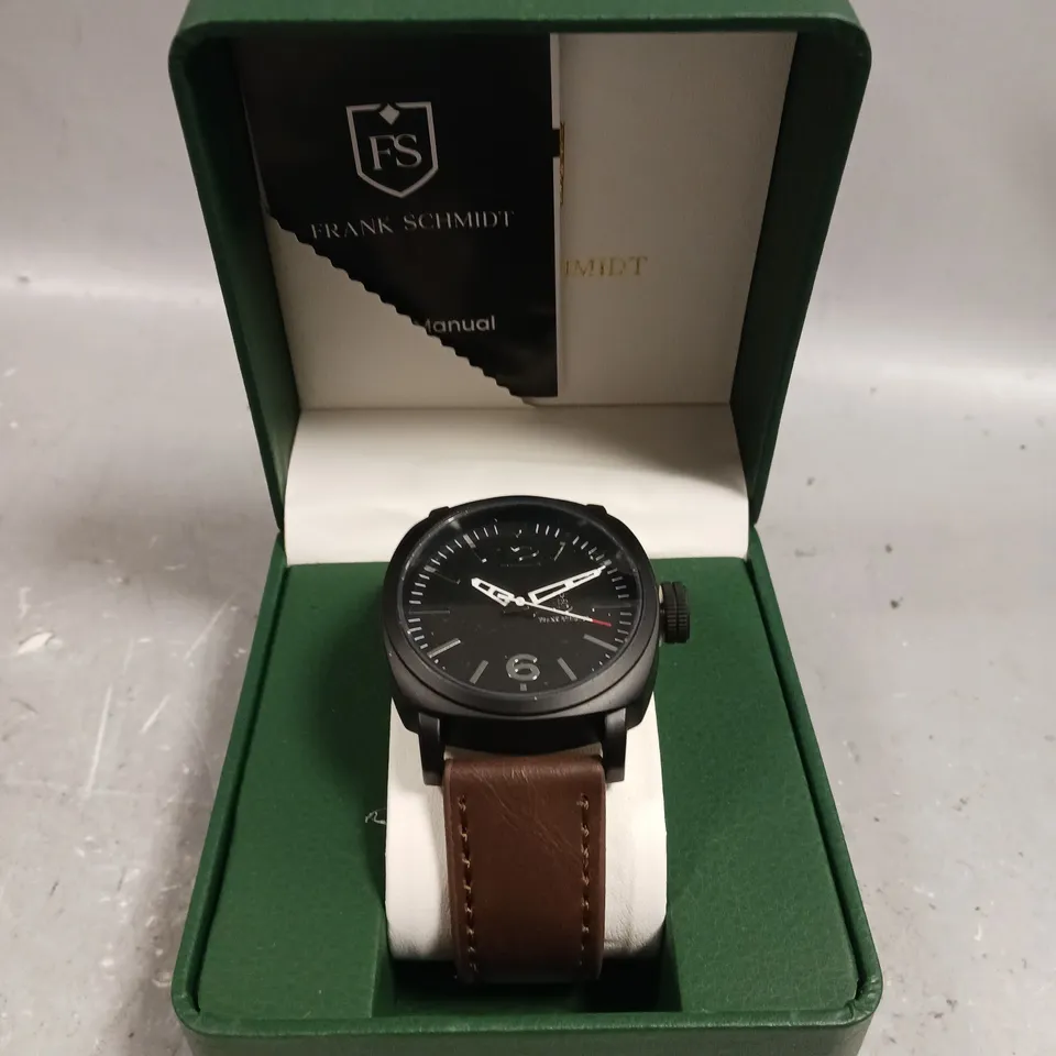 MENS FRANK SCHMIDT WATCH – LARGE BLACK CASE – BLACK PILOT DIAL – BROWN LEATHER STRAP