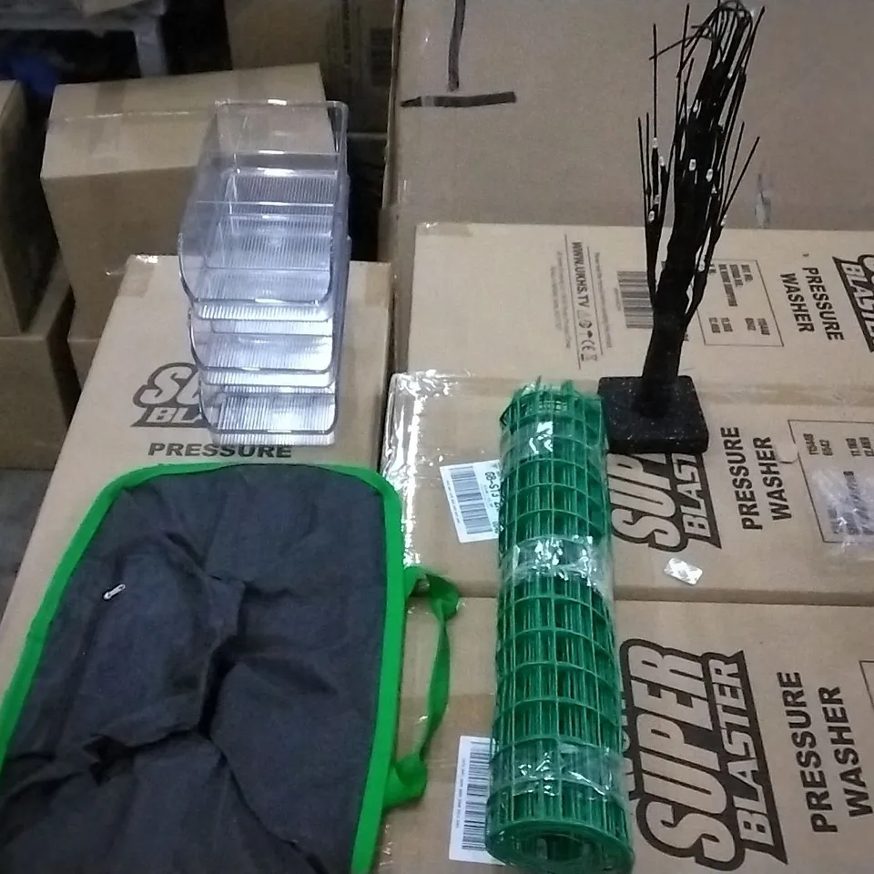 PALLET OF ASSORTED ITEMS INCLUDING STORAGE BAG , STACKABLE STORAGE CONTAINERS,  LED BLACK TREE DECOR,  GARDEN WIRE 