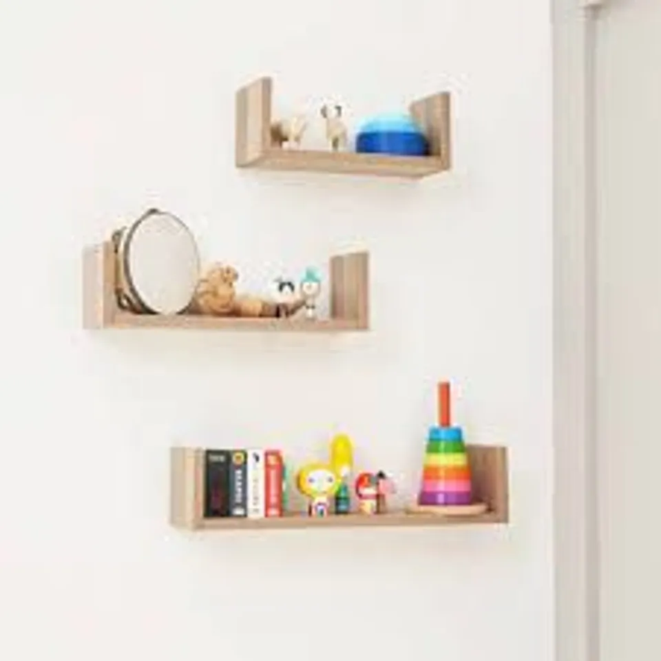 BOXED TUTTI BAMBINI MODENA SET OF THREE U-SHAPED WALL SHELVES - OAK FINISH (1 BOX)