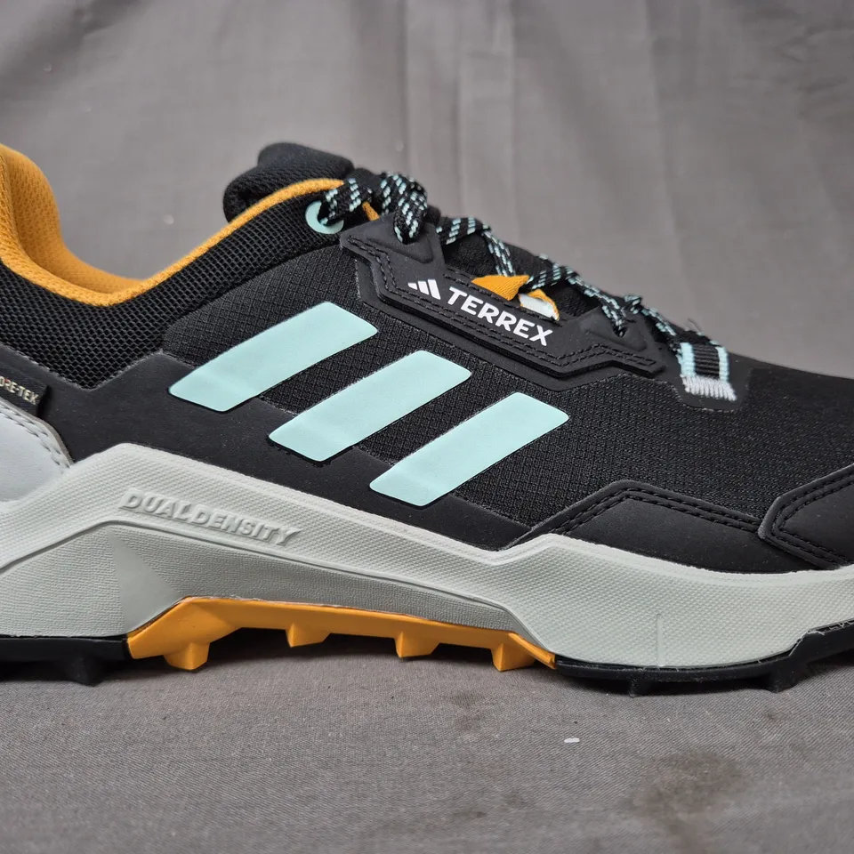 BOXED PAIR OF ADIDAS TERREX AX4 GTX SHOES IN BLACK/GREY/YELLOW/PASTEL BLUE UK SIZE 8